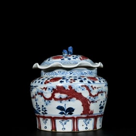 An Exquisite Blue and White Underglaze-Red Pine, Bamboo and Plum Blossom Pattern Cover Jar