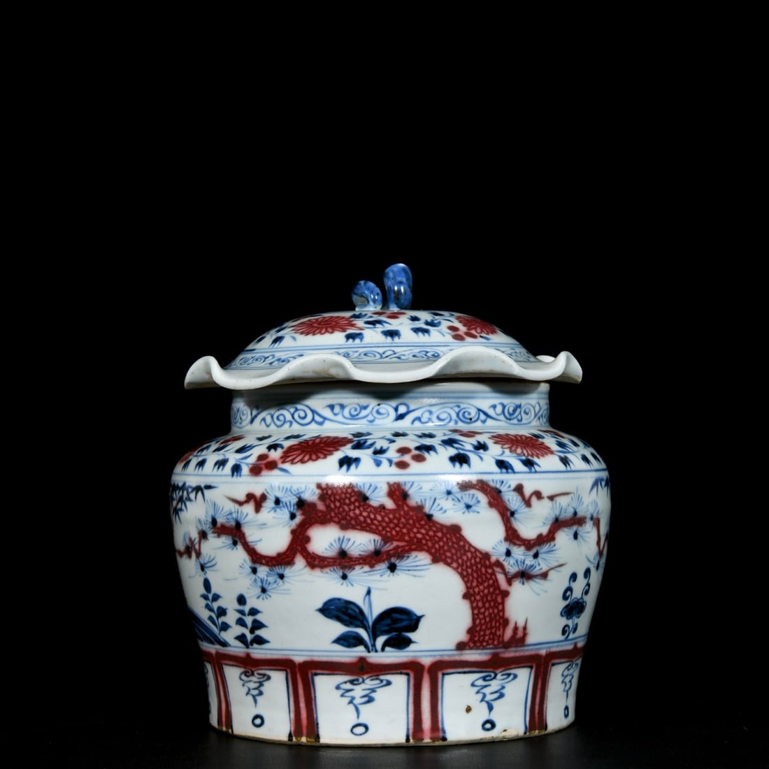 An Exquisite Blue and White Underglaze-Red Pine, Bamboo and Plum Blossom Pattern Cover Jar (1 of 9)