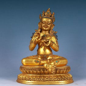 A Solemn Gilt Bronze Statue of Mammon,Inlaid Gems and Turquoise,With Inscription