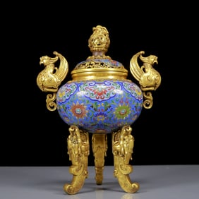 A Rare Cloisonne Lotus Pattern Phoenix-Ears Tripod Censer