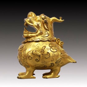 A Rare Gilt Bronze Auspicious Beast Censer