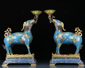 A Pair of Exquisite Cloisonné Goat Candlesticks