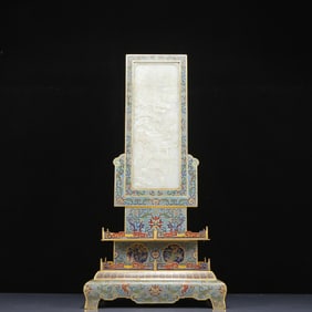 A Huge Cloisonne Inlaid White Jade Landscape and Figure Pattern Table Screen,with an Imperial Poem