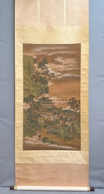 A Chinese Vertical Scroll Ink Painting of Landscape and Figure on Silk,Chou Ying