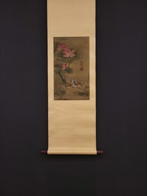 A Chinese Vertical Scroll Ink Painting of Flower and Bird on Silk,Zhou Yigui