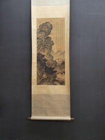A Chinese Vertical Scroll Ink Painting of Landscape and Figure on Silk,Guo Xi