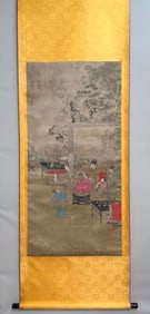 A Chinese Vertical Scroll Ink Painting of Character and Story on Silk,Chou Ying