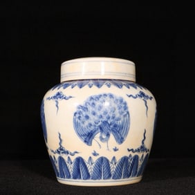 An Exquisite Blue and White Peacock Pattern Cover Jar