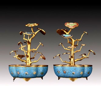 A Pair of Rare Cloisonne Gilt Bronze Ganoderma lucidum Pattern Bonsais