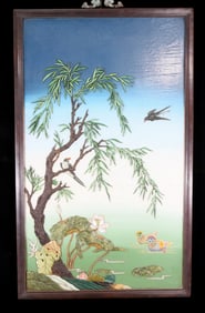 An exquisite zitanwood painted and painted hanging screen with inlaid gems and landscapes, flowers