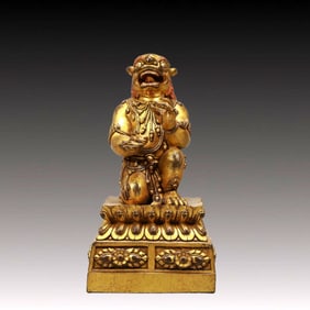 A Rare Gilt Bronze Beast Seal