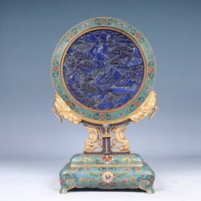 A Rare Cloisonne Inlaid Lapis Lazuli Landscape,Auspicious Cloud and Dragon Pattern Table Screen