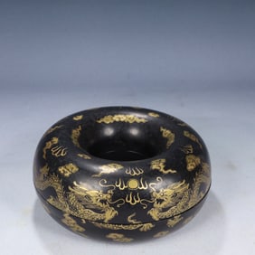 An Exquisite Black Lacquer Painted Gold Auspicious Cloud and Dragon Pattern Cover Box,With Eaglewood