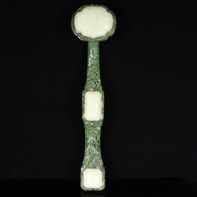 A Huge White Jade Inlaid White Jade Pine and Fruit Pattern Ruyi