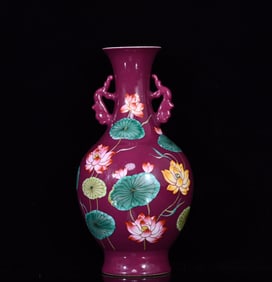 An Exquisite Purple Glazed Famille-Rose Lotus Pattern Double-Ears Vase