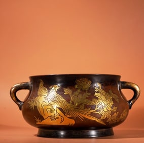 An Exquisite Gilt Bronze Flower and Bird Pattern Double-Ears Censer