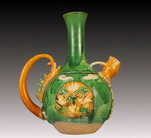 An Exquisite Tang Tri-Color Glazed Pottery Dragon Pattern Ewer