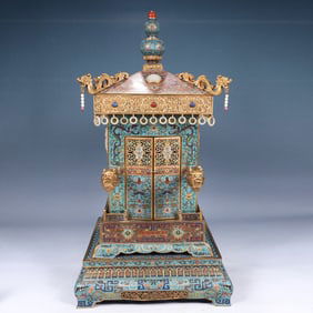 A Huge Cloisonne Inlaid White Jade Hollow Lotus,Dragon and Phoenix Pattern Ornament,Inlaid Gems