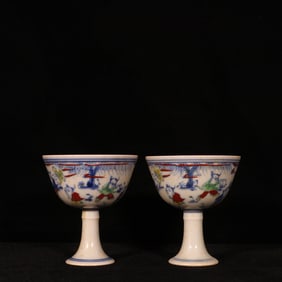 A Pair of Exquisite Doucai Character and Story Pattern Stem Cups