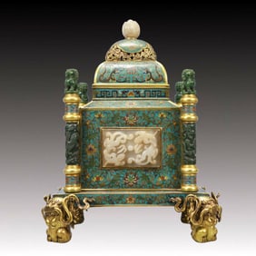 A Rare Cloisonne Inlaid White Jade Lotus and Dragon Pattern Beast-legs Censer