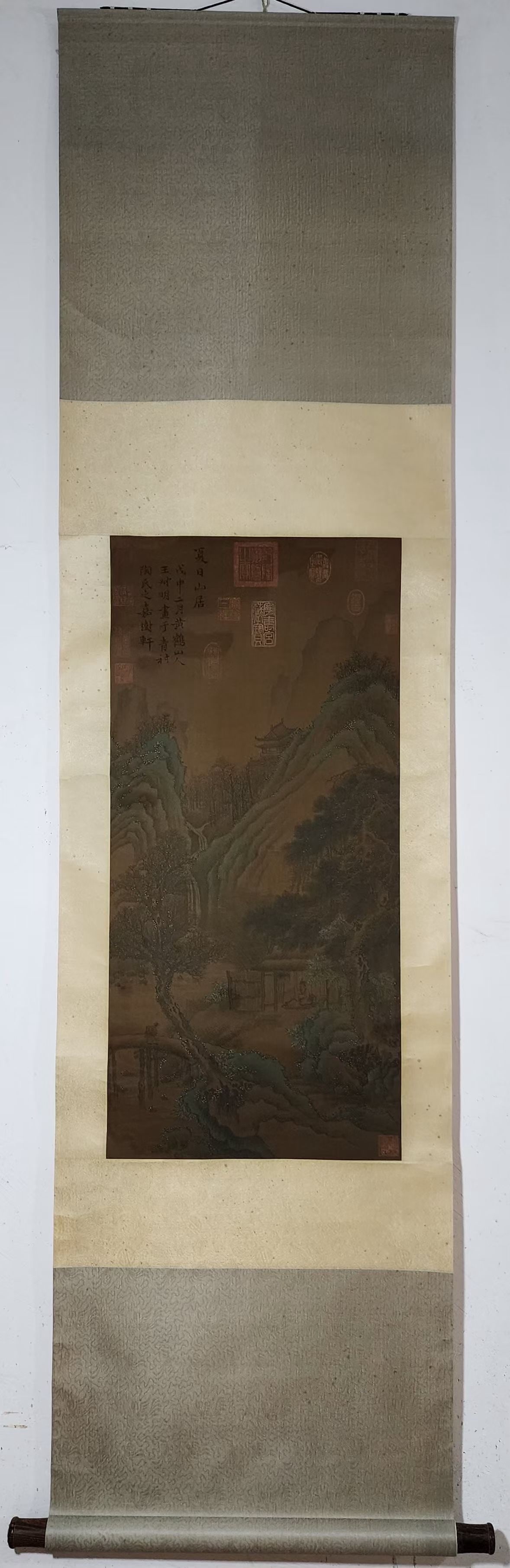 A Chinese Vertical Scroll Ink Painting of Landscape and Figure on Silk,Wang Meng: A Chinese Vertical Scroll Ink Painting of Landscape and Figure on Silk,Wang Meng,Size:(Without frame)32.3inx15.4in 一幅中国水墨绢本山水É