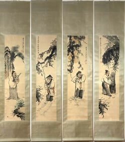 A Set of Chinese Vertical Scroll Ink Painting of Figure on Paper,Qi Baishi