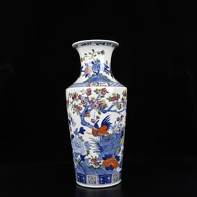 A Rare Blue and White Famille-Rose Flower and Bird Pattern Vase