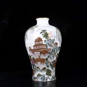 A Rare Famille-Rose Painted Gold Landscape and Figure Pattern Vase,With Poem