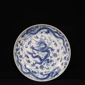 An Exquisite Blue and White Lotus and Dragon Pattern Plate