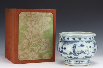 An Exquisite Blue and White Character and Story Pattern Chi-Dragon-Ears Censer