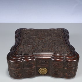 An Exquisite Zitanwood Seawater,Auspicious Cloud and Dragon Pattern Cover Box,With Poem