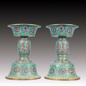 A Pair of Exquisite Cloisonne Lotus and Eight Treasures Pattern Candlesticks