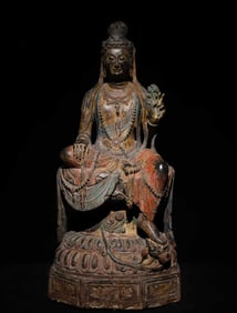 A Solemn Limestone Painted Color Statue of Avalokitesvara
