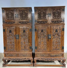 A Pair of Huge Huanghuali wood Shou-Character Auspicious Cloud and Dragon Pattern Cabinets