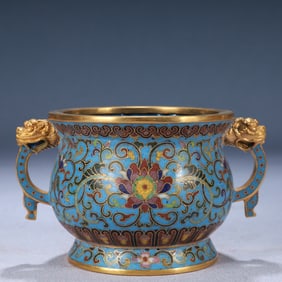An Exquisite Cloisonne Lotus Pattern Beast-Ears Censer