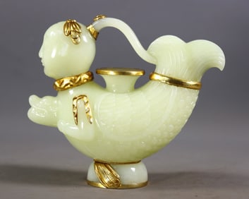 An Exquisite White Jade Cover with Gold Mermaid-Shaped Pot