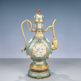 A Huge Cloisonne Inlaid White Jade Hollow Flower and Bird Pattern Ewer