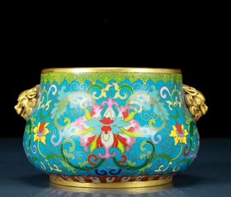 An exquisite cloisonné tangled lotus pattern animal ear censer