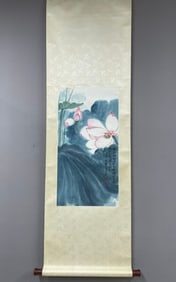 A Chinese Vertical Scroll Ink Painting of Lotus on Paper,Sun Yunsheng