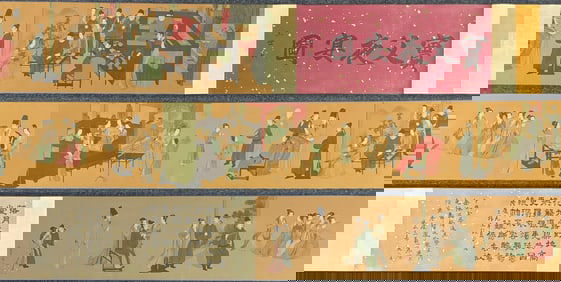 A Chinese Hand Scroll Ink Painting of Character and Story on Silk,Chou Ying