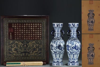 A Pair of Huge and White Lotus,Character and Story Pattern Elephant-Ears Vases,With Vertical Scroll