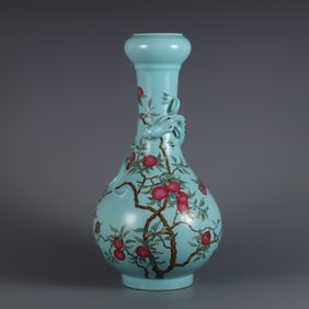 A Rare Turquoise Ground Famille-Rose Painted Gold Litchi and Dragon Pattern Vase,With Poem