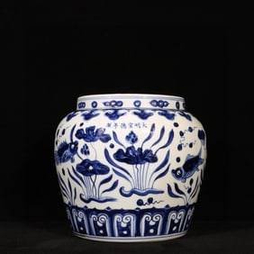 An Exquisite Blue and White Fish and Algae Pattern Vat