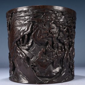 An Exquisite Zitanwood Character and Story Pattern Brush Pot,With Poem