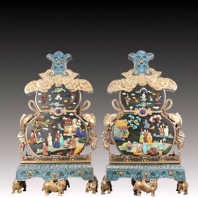 A Pair of Rare Cloisonne Inlaid Gems Character and Story Pattern Gourd-Shaped Table Screens,with