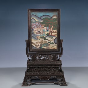 A Huge Zitanwood Inlaid Cloisonne Landscape and Figure Pattern Table Screen,With Poem