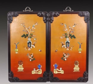 A Pair of Huge Zitanwood Flower Pattern Hanging Panels, Inlaid Gems