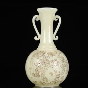 An Exquisite White Jade Pine, Bamboo and Plum Blossom Pattern Double-Ears Vase,With Poem