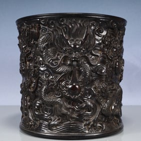 An Exquisite Zitanwood Auspicious Cloud and Dragon Pattern Brush Pot