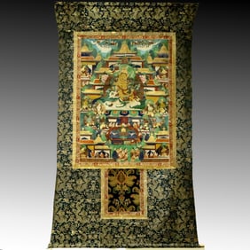 An Exquisite Brocade Painted Color Statue of Mammon Rides the Lion Tangka